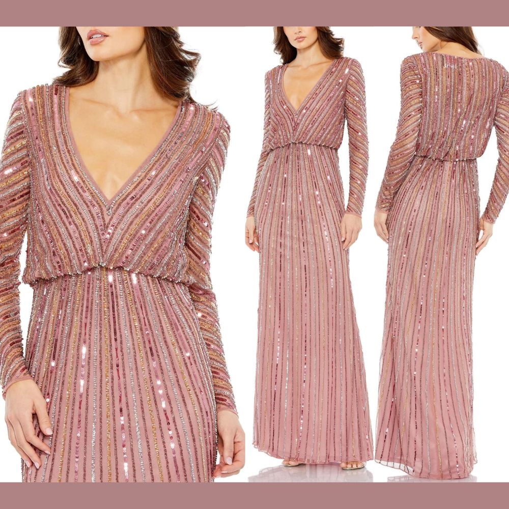 Nwt Mac Duggal [ 4 ] 93647 Sequined V Neck Long Sleeve Column Gown Rosewood J274
